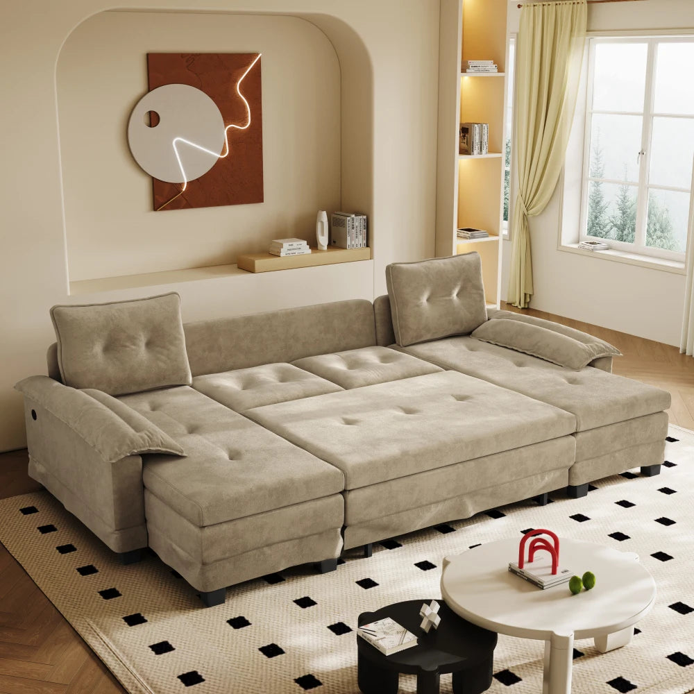 Canapé Convertible en U Ye 278cm Camel avec USB & Accoudoirs Amovibles – Format XXL Modulaire