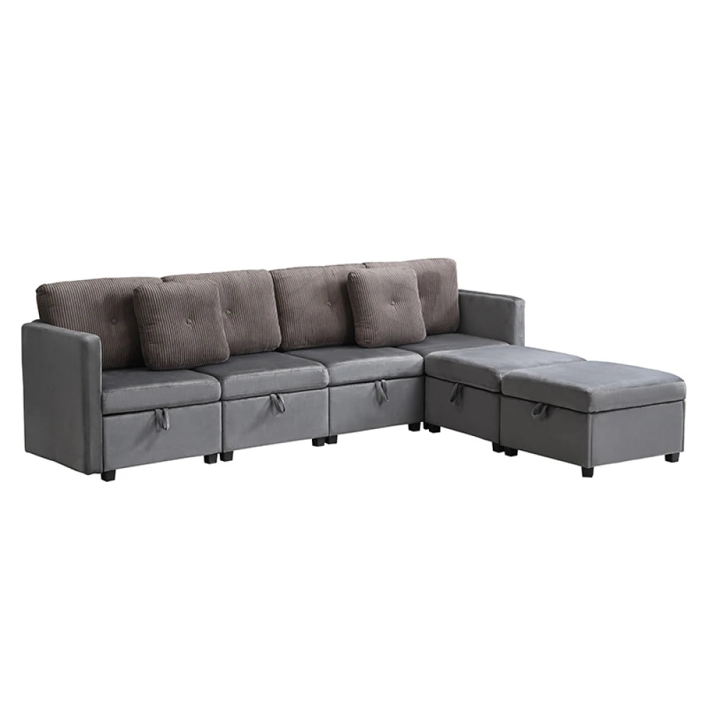 Canapé Modulaire en U avec Espace de Rangement – Velours & Cordon, Confort Haute Densité