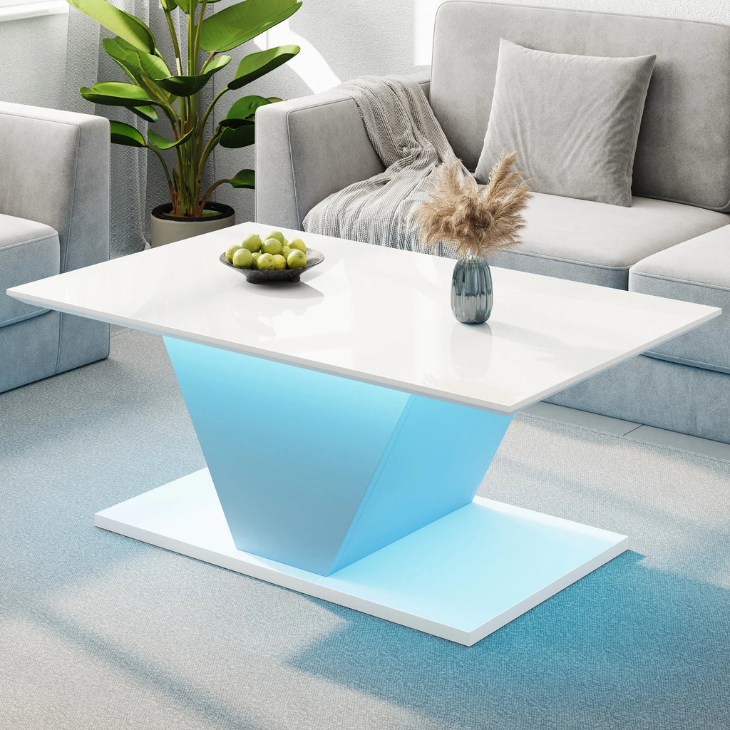 Table Basse Design Blanc Brillant Forme en V avec LED – Pièce Sculpturale pour Salon Moderne