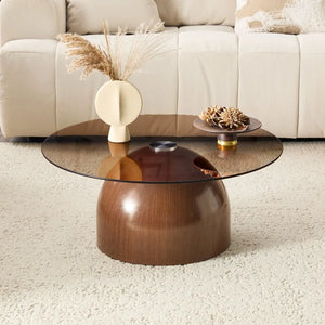 Table Basse Ronde Verre Trempé Base Noyer Ø70cm – Élégance Naturelle pour le Salon