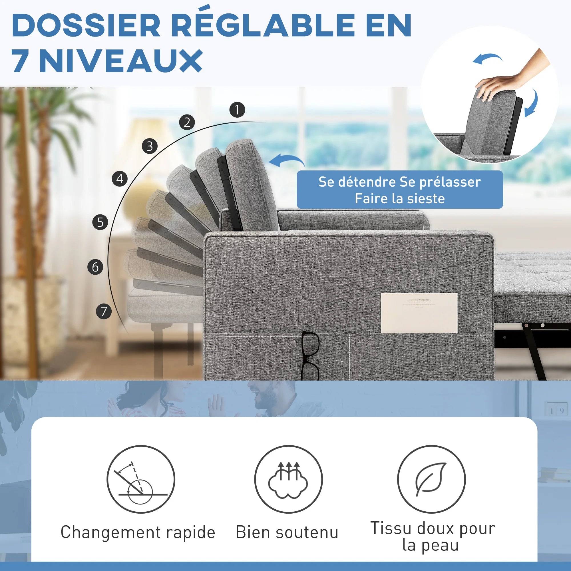 Canapé Convertible HOMCOM 3-en-1 avec Double Lit Gigogne – Confort Familial 2 Places Gris