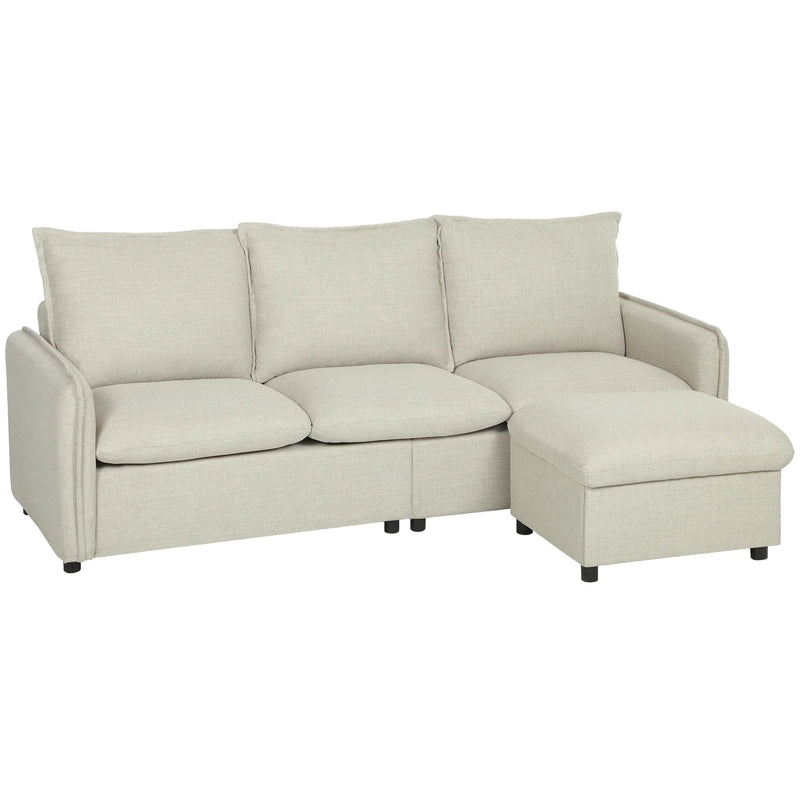 Canapé 3 Places 212cm Lin Crème – Confort Familial avec Pouf de Rangement