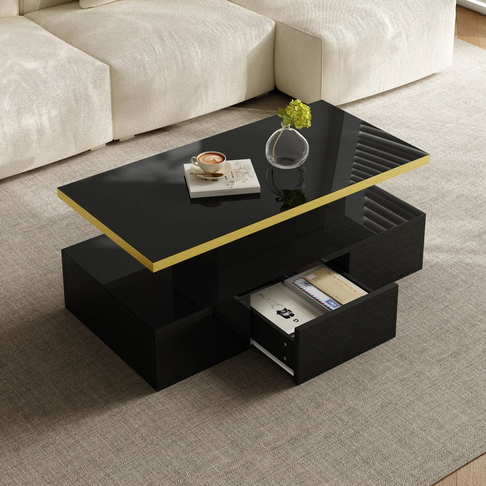 Table Basse PINGGO Haute Brillance avec Tiroirs & LED – 2 Niveaux de Rangement