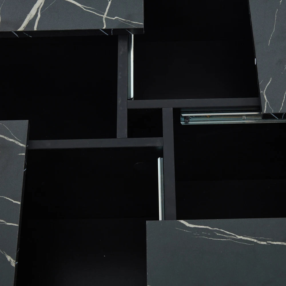 Table Basse Carrée Noire 90x90cm à 4 Tiroirs – Plateau Coulissant, Design Marbré Chic