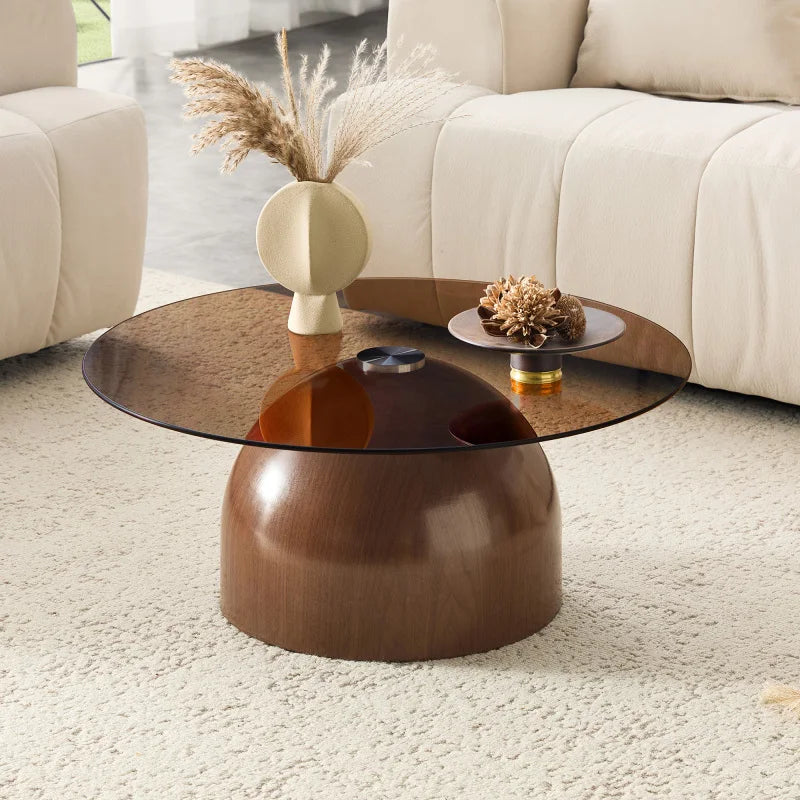 Table Basse Ronde en Verre Trempé Base Effet Noyer Ø70cm – Élégance Naturelle
