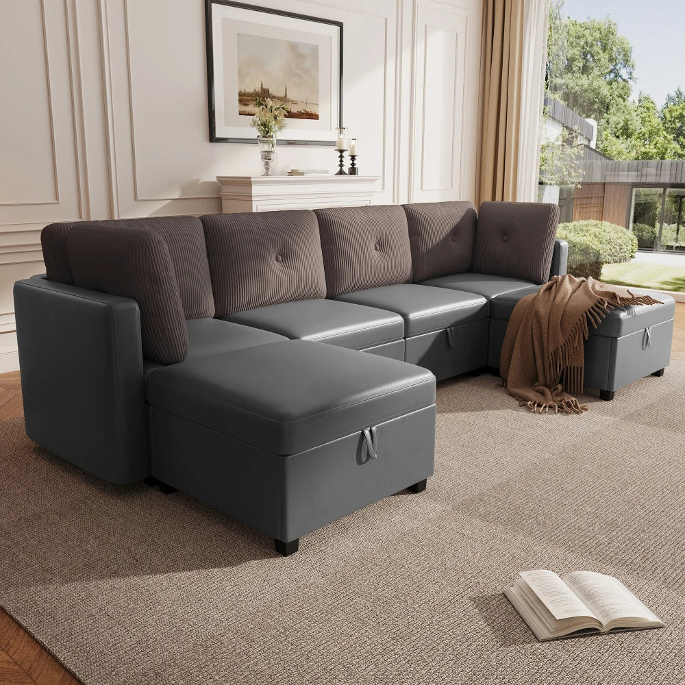 Canapé Modulaire en U avec Espace de Rangement – Velours & Cordon, Confort Haute Densité