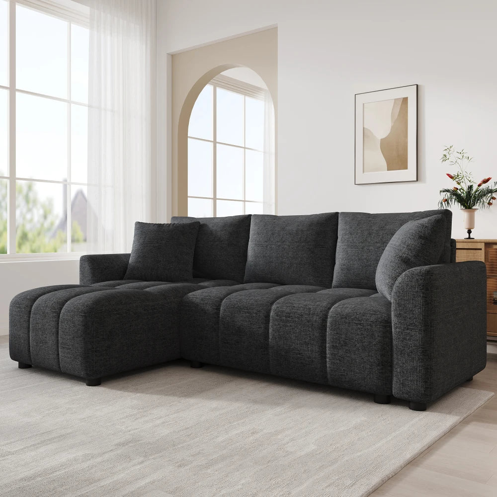 Canapé d'Angle Convertible en L Chenille avec 2 Coussins Décoratifs – Confort Élégant Salon