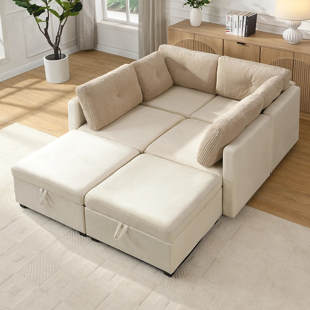 Canapé Modulaire en U avec Espace de Rangement – Velours & Cordon, Confort Haute Densité