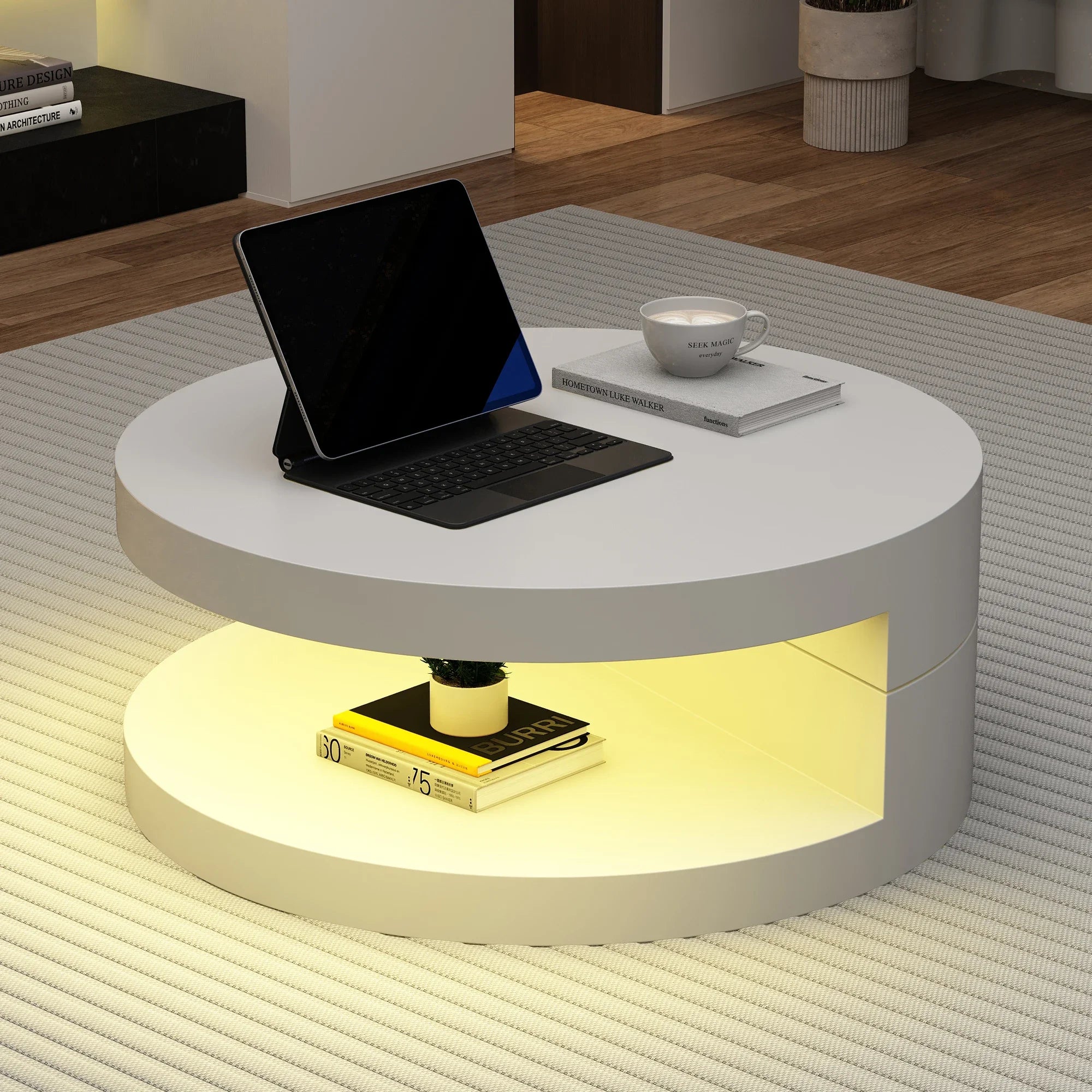 Table Basse Ronde Blanche Pivotante 360° avec LED – Design Cylindrique Moderne 70x70cm