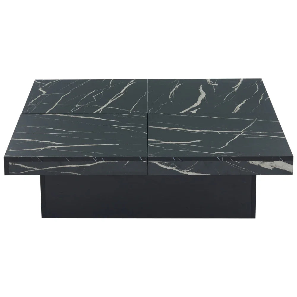 Table Basse Carrée Noire 90x90cm à 4 Tiroirs – Plateau Coulissant, Design Marbré Chic