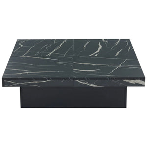Table Basse Carrée Noire 90x90cm – 4 Tiroirs et Plateau Coulissant Effet Marbre