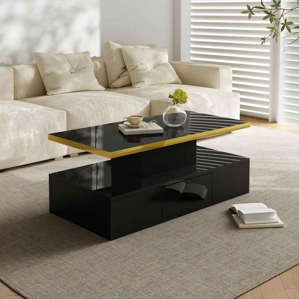 Table Basse PINGGO Haute Brillance avec Tiroirs & LED – 2 Niveaux de Rangement