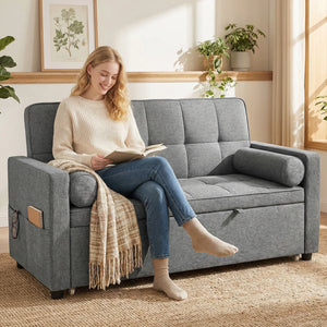 Canapé Convertible 3-en-1 Gris – Lit Gigogne Double pour Recevoir Facilement