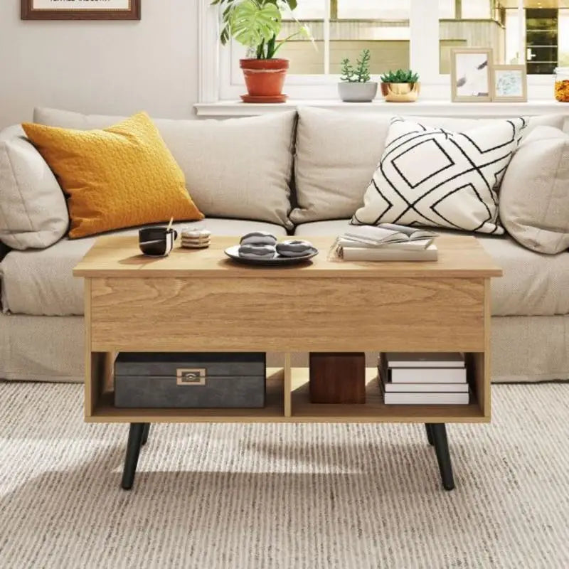 Table Basse Relevable 80cm Bois Naturel – Compartiment Caché & Étagères de Rangement