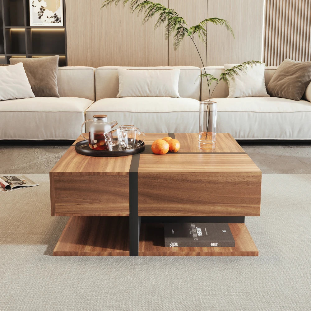 Table Basse PINGGO 78x78cm avec 4 Tiroirs – Design Graphique & Rangement Généreux