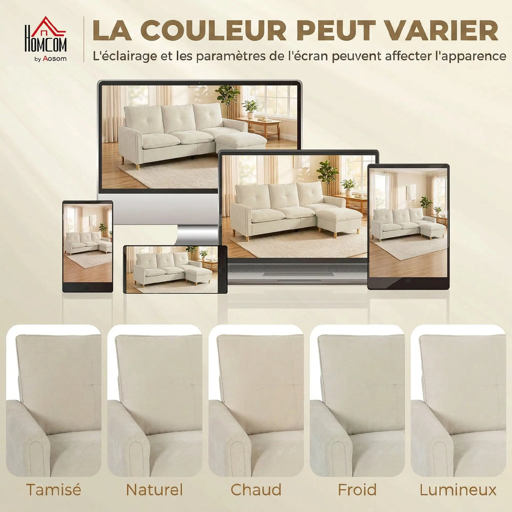 Canapé HOMCOM 3 Places Lin Crème avec Pouf de Rangement & Angle Ajustable