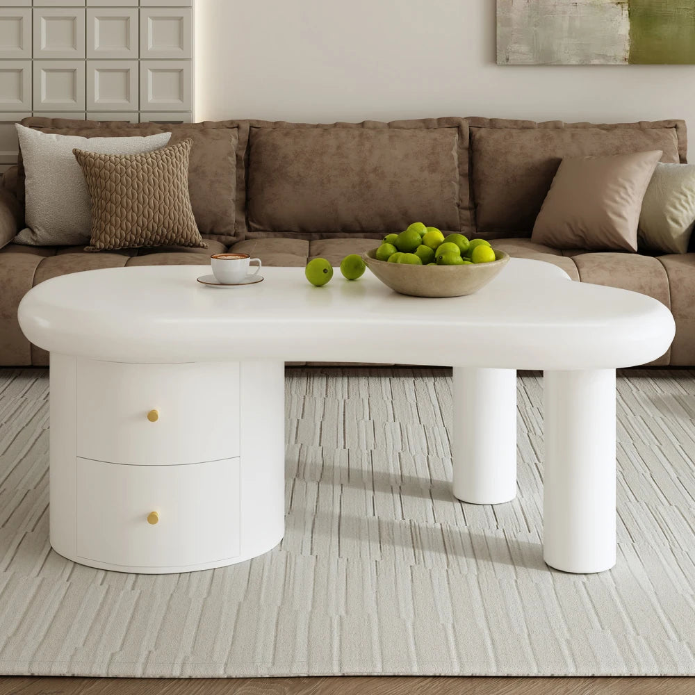 Table Basse Blanche Forme Irrégulière PINGGO avec 2 Tiroirs – Design Original Gain de Place