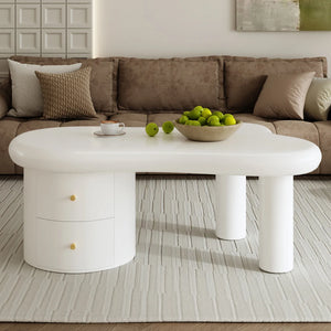 Table Basse Blanche Forme Originale – 2 Tiroirs, Gain de Place