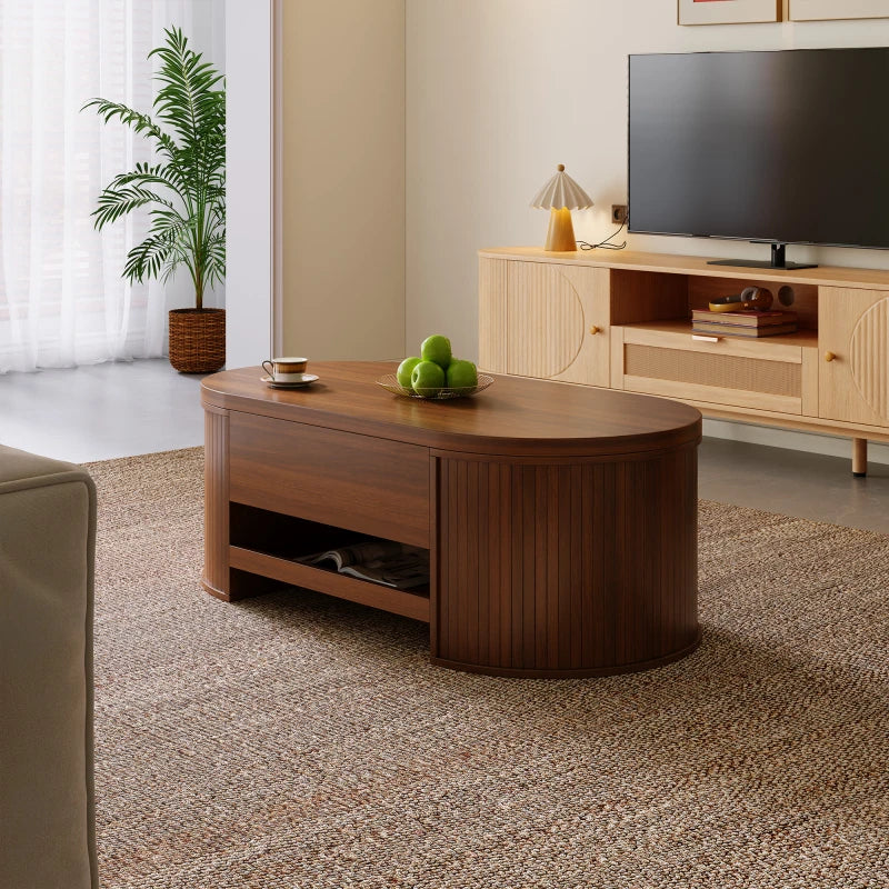 Table Basse Relevable en Bois Courbé avec Étagère Coulissante – Design Chaleureux Multifonction