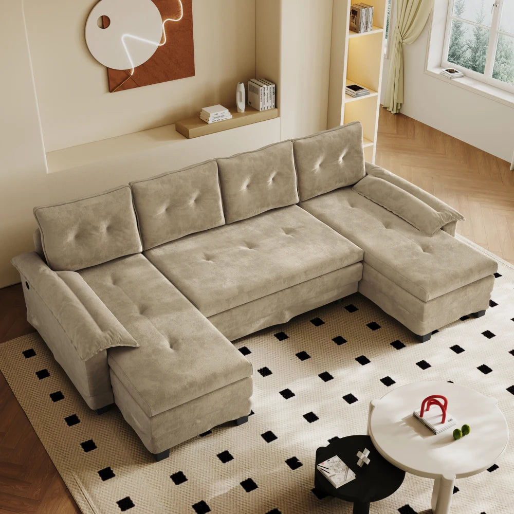 Canapé Convertible en U Ye 278cm Camel avec USB & Accoudoirs Amovibles – Format XXL Modulaire