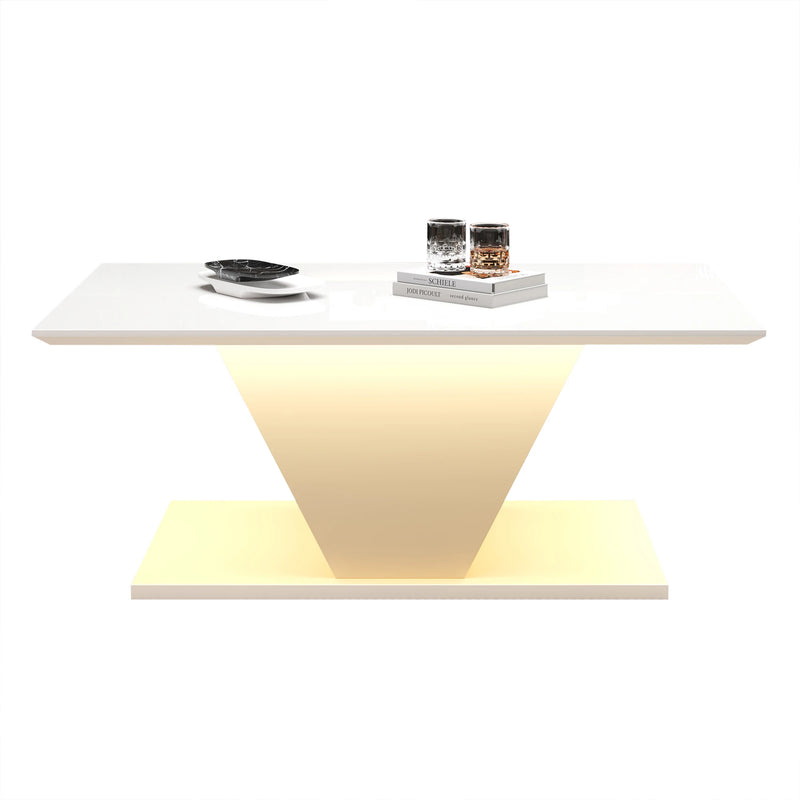 Table Basse Design Blanc Brillant Forme en V avec LED – Pièce Sculpturale pour le Salon