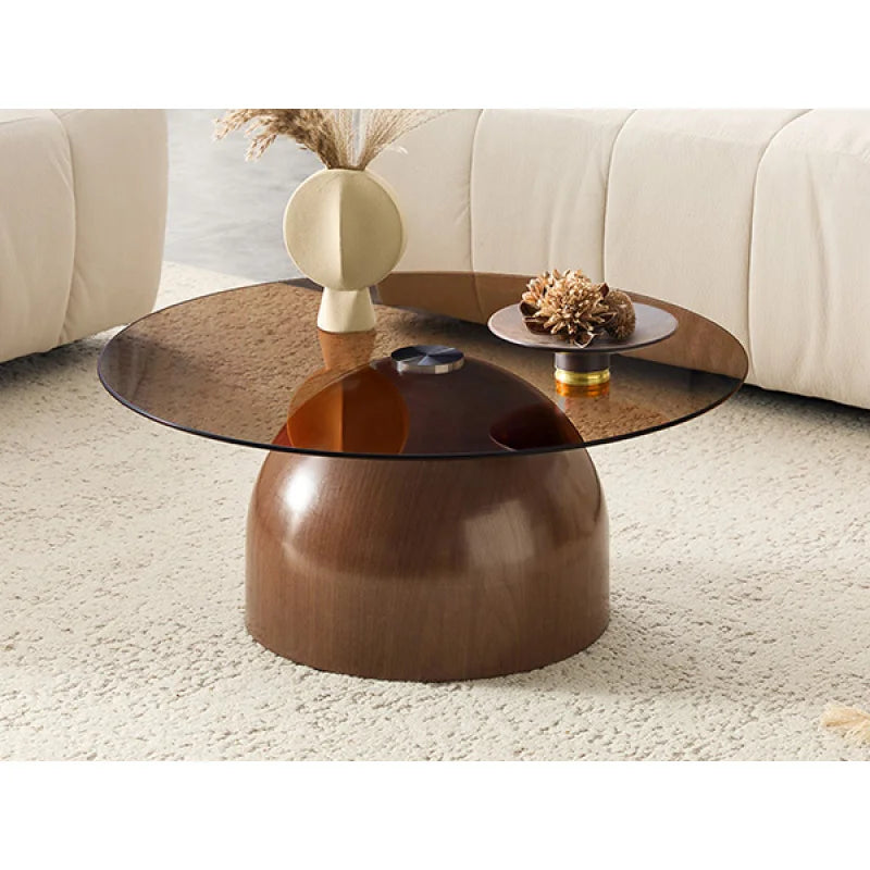 Table Basse Ronde en Verre Trempé Base Effet Noyer Ø70cm – Élégance Naturelle