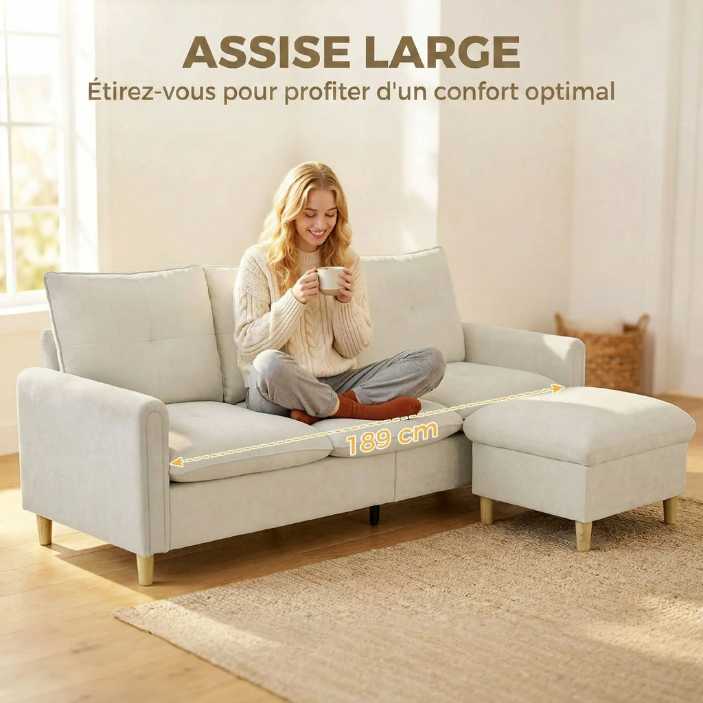 Canapé HOMCOM 3 Places Lin Crème avec Pouf de Rangement & Angle Ajustable
