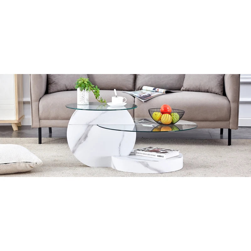Table Basse Verre Sécurisé Multi-Niveaux Effet Marbre Blanc – Design Minimaliste Élégant
