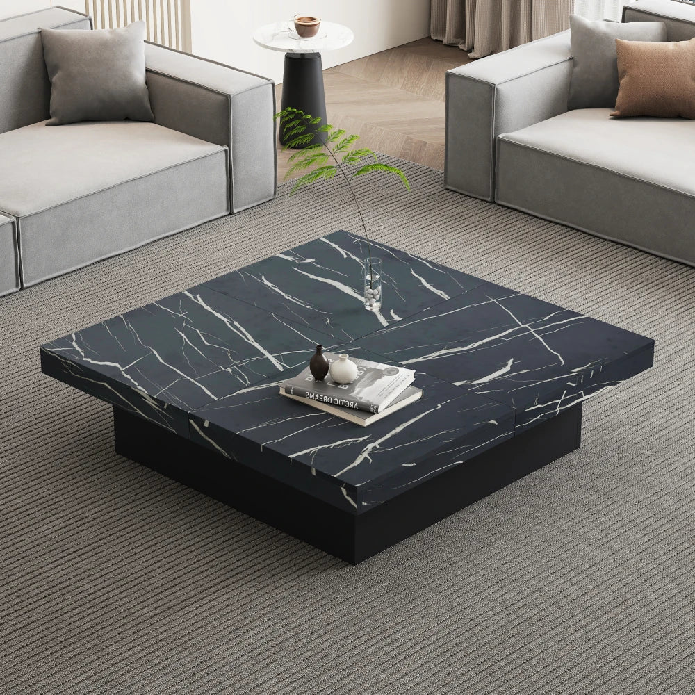 Table Basse Carrée Noire 90x90cm à 4 Tiroirs – Plateau Coulissant, Design Marbré Chic