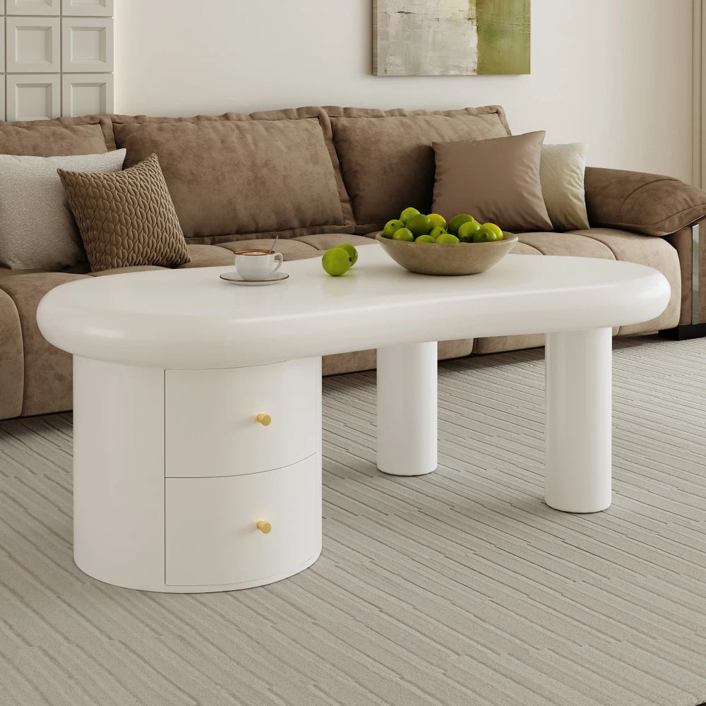 Table Basse Blanche Forme Irrégulière PINGGO avec 2 Tiroirs – Design Original Gain de Place