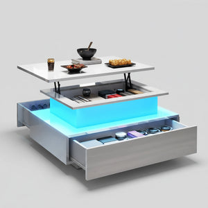 Table Basse Relevable Balconera LED – Plateau Ajustable, 2 Tiroirs de Rangement