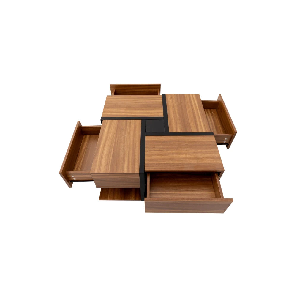 Table Basse PINGGO 78x78cm avec 4 Tiroirs – Design Graphique & Rangement Généreux