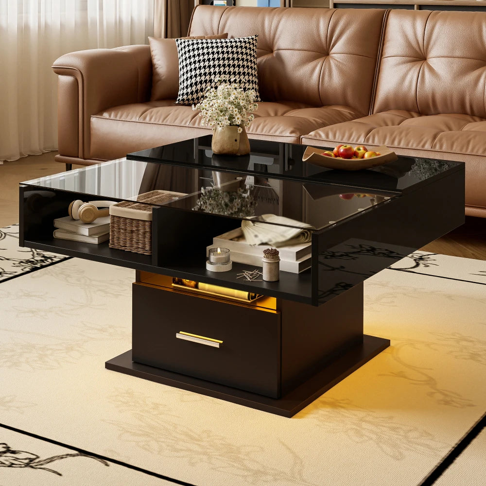 Table Basse Relevable Multifonction Laquée avec LED – Hauteur Ajustable & Rangement Astucieux