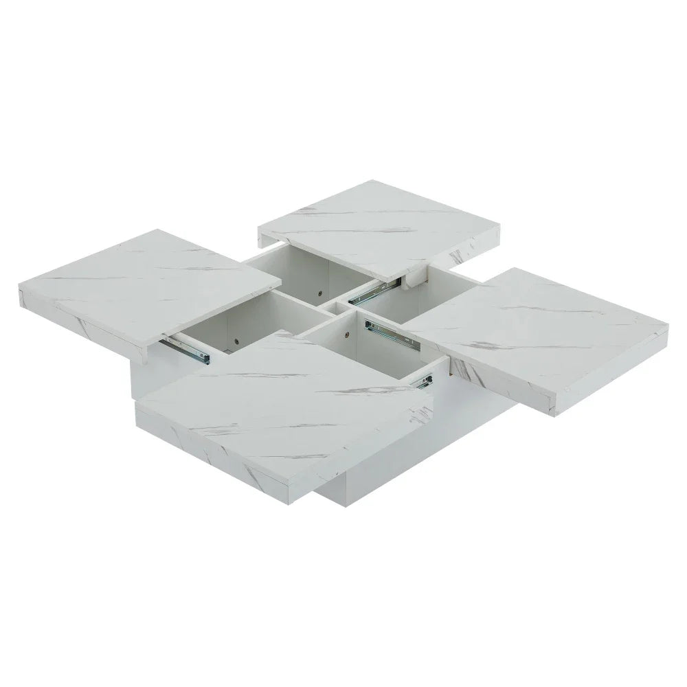 Table Basse Carrée Noire 90x90cm à 4 Tiroirs – Plateau Coulissant, Design Marbré Chic