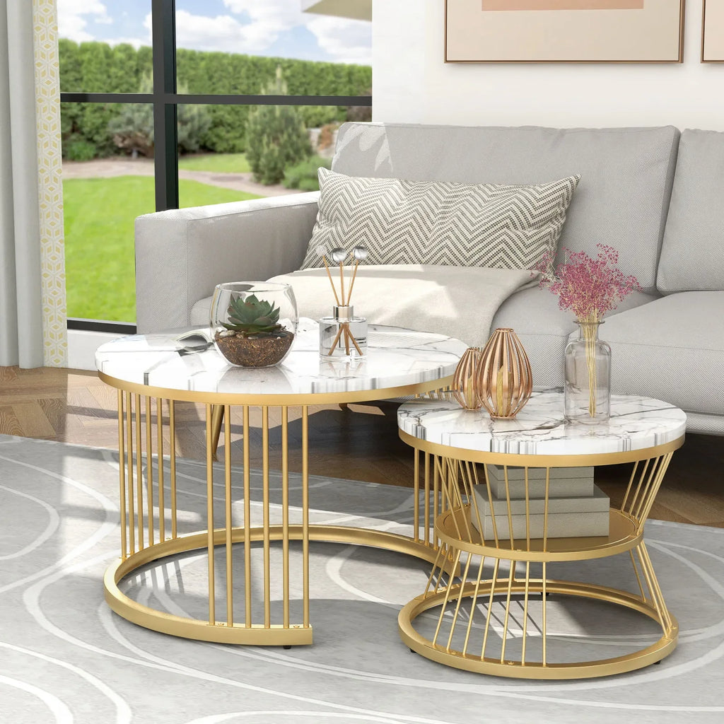 Duo de Tables Gigognes Marbre & Laiton Doré – Élégance Intemporelle pour Salon Cocooning