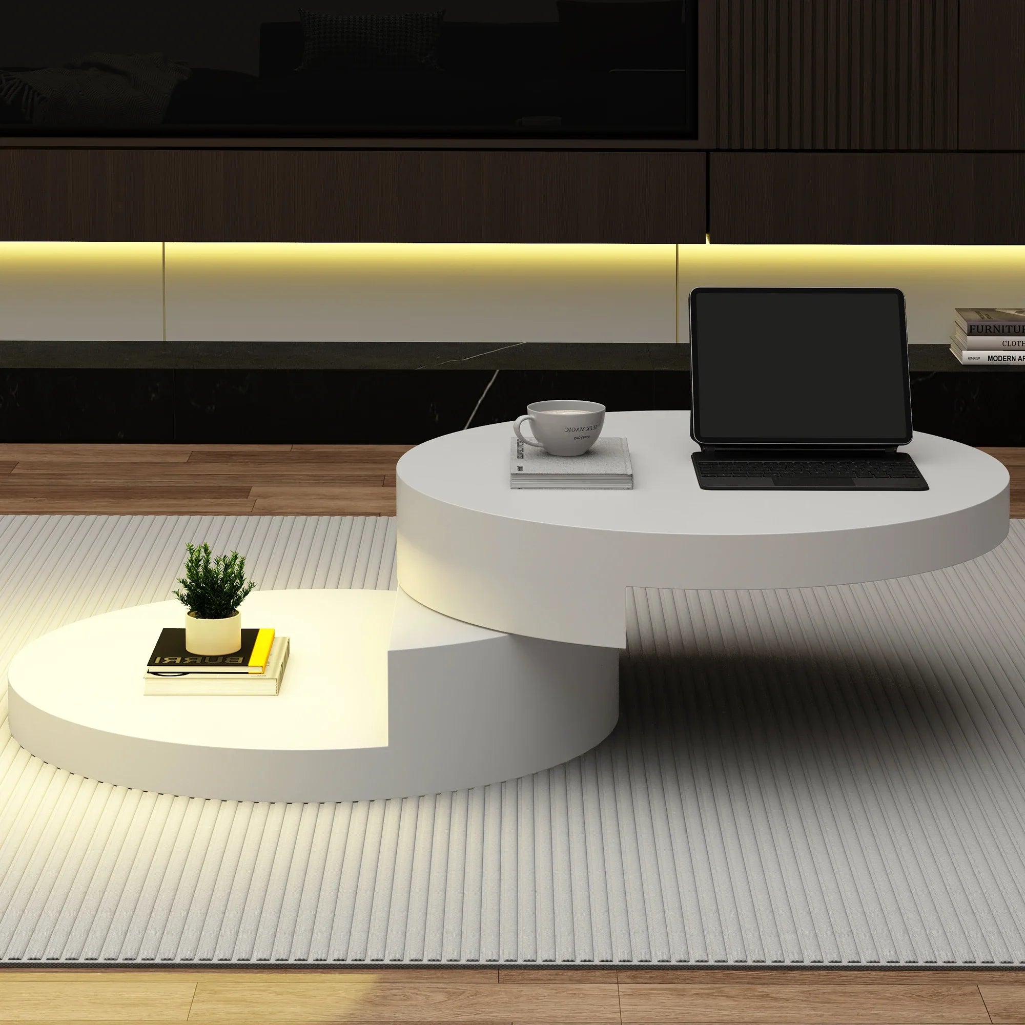 Table Basse Ronde Blanche Pivotante 360° avec LED – Design Cylindrique Moderne 70x70cm