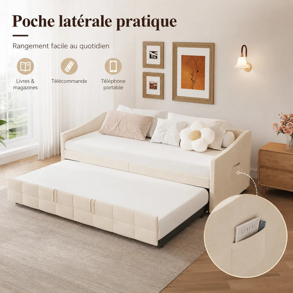 Canapé-Lit Superaly Velours Crème 90x200cm avec Rangement – Design Nordique Minimaliste