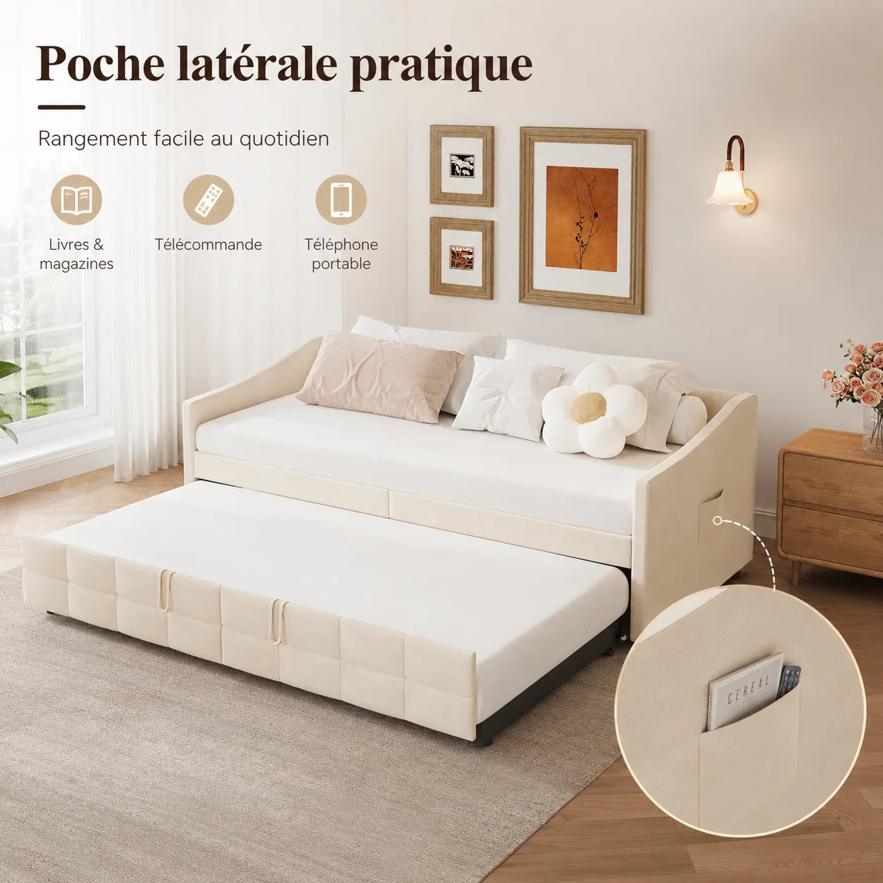 Canapé-Lit Superaly Velours Crème 90x200cm avec Rangement – Design Nordique Minimaliste