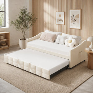 Canapé-Lit Velours Crème 90x200cm – Design Nordique avec Rangement