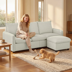Canapé 3 Places 212cm Lin Crème – Confort Familial avec Pouf de Rangement