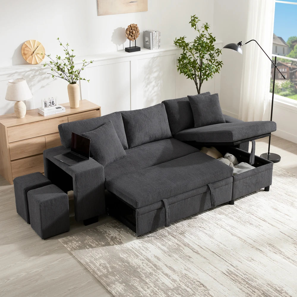 Canapé d'Angle Convertible PINGGO 3 Places avec USB & Étagères Latérales – Fonctionnel & Confortable