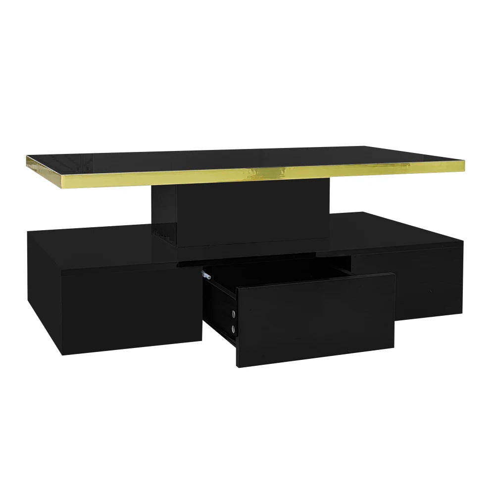 Table Basse PINGGO Haute Brillance avec Tiroirs & LED – 2 Niveaux de Rangement