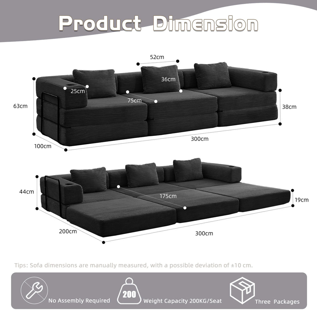 Canapé Modulaire 3 Places Corduroy Noir avec Porte-Gobelet – Sans Montage, Confort Haute Densité