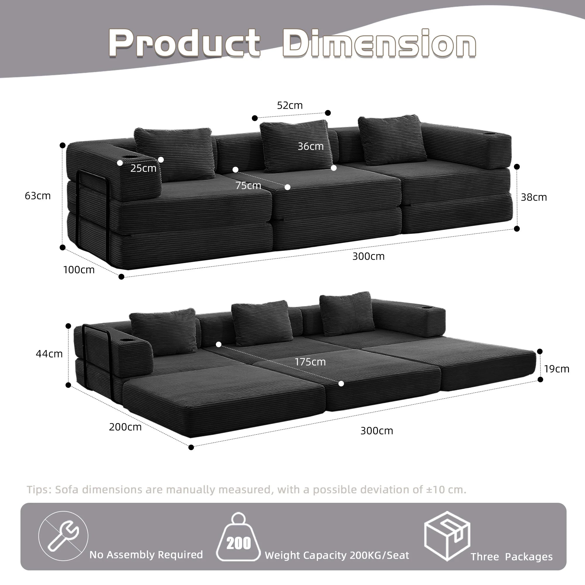 Canapé Modulaire 3 Places Corduroy Noir avec Porte-Gobelet – Sans Montage, Confort Haute Densité