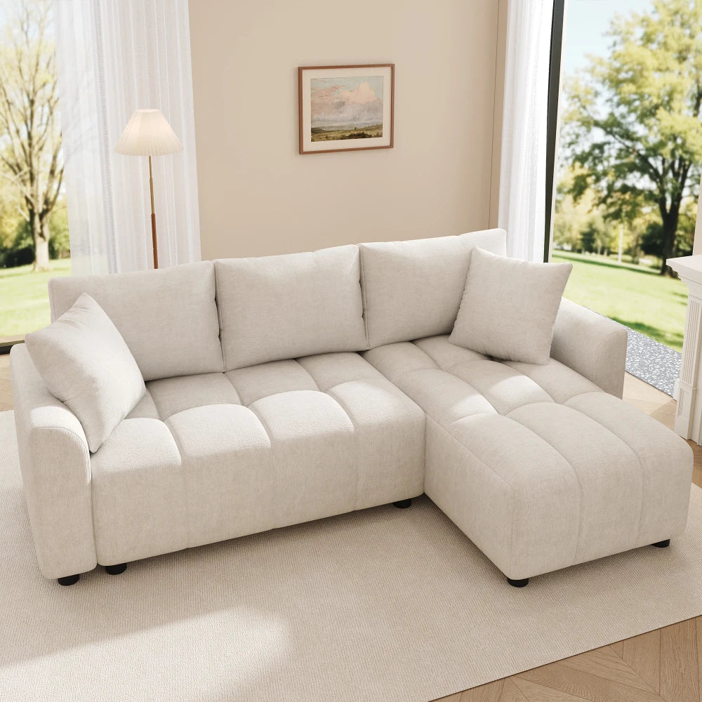 Canapé d'Angle Convertible en L Chenille avec 2 Coussins Décoratifs – Confort Élégant Salon