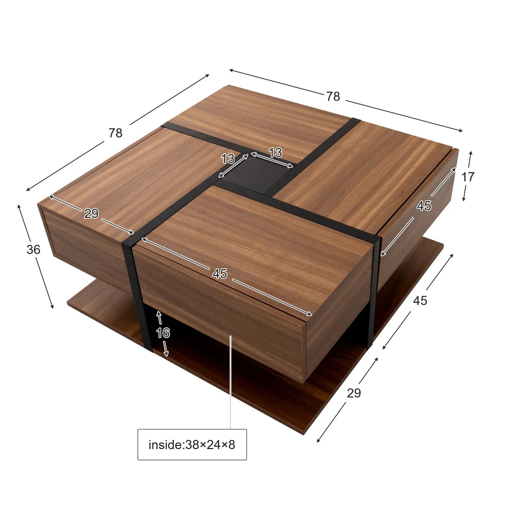 Table Basse PINGGO 78x78cm avec 4 Tiroirs – Design Graphique & Rangement Généreux