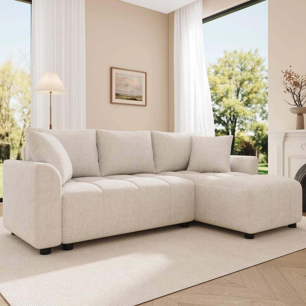 Canapé d'Angle Convertible en L Chenille avec 2 Coussins Décoratifs – Confort Élégant Salon