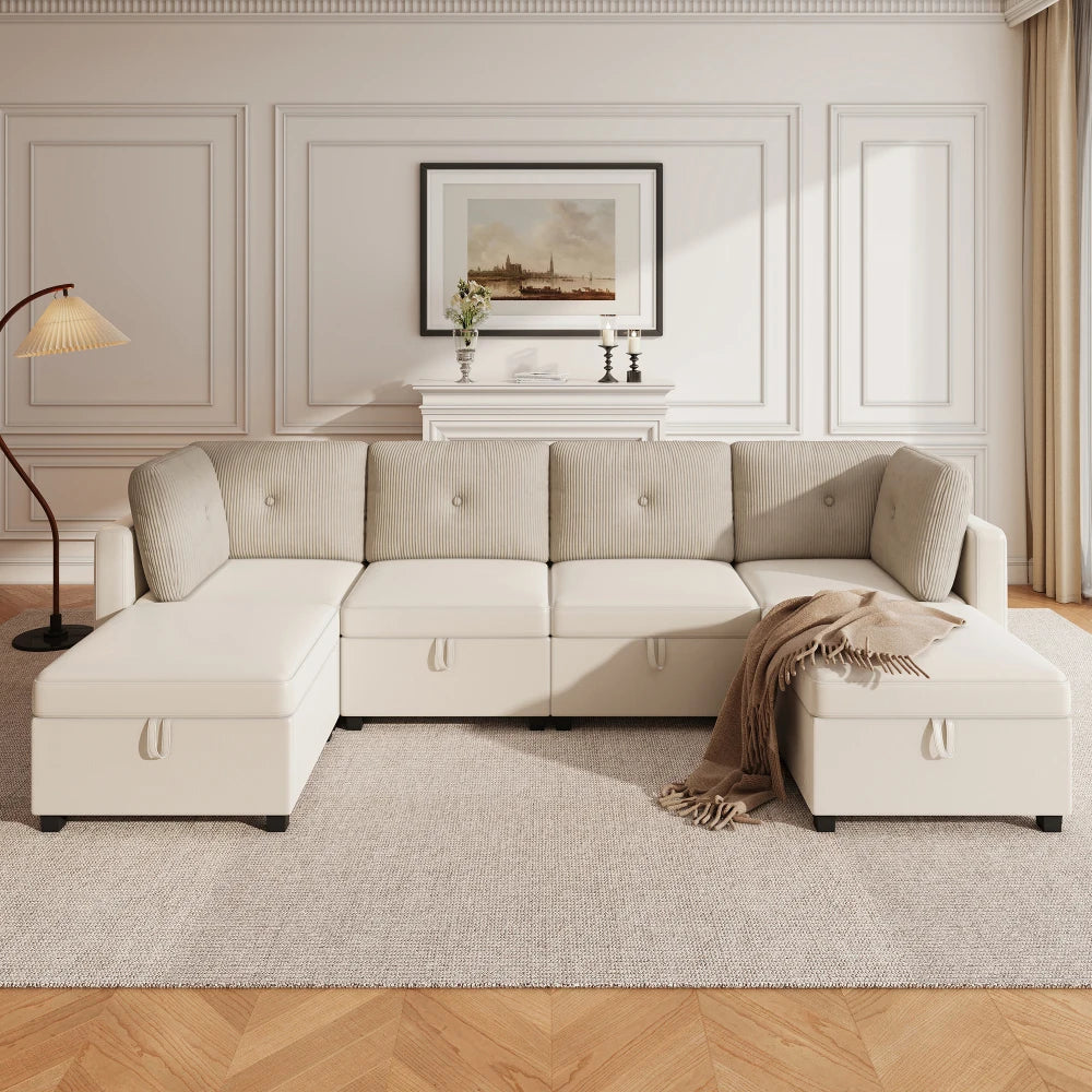 Canapé Modulaire en U Velours – Rangement Intégré pour un Salon Optimisé