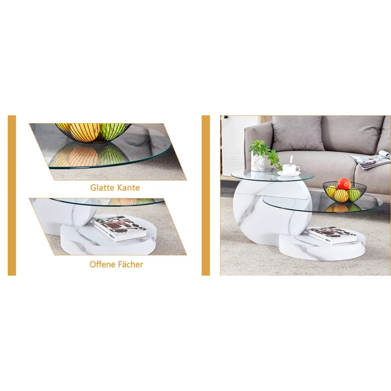 Table Basse Verre Sécurisé Multi-Niveaux Effet Marbre Blanc – Design Minimaliste Élégant