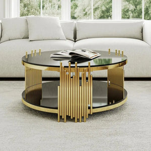 Table Basse Ronde Verre Noir & Métal Doré – Élégance Luxe pour votre Salon